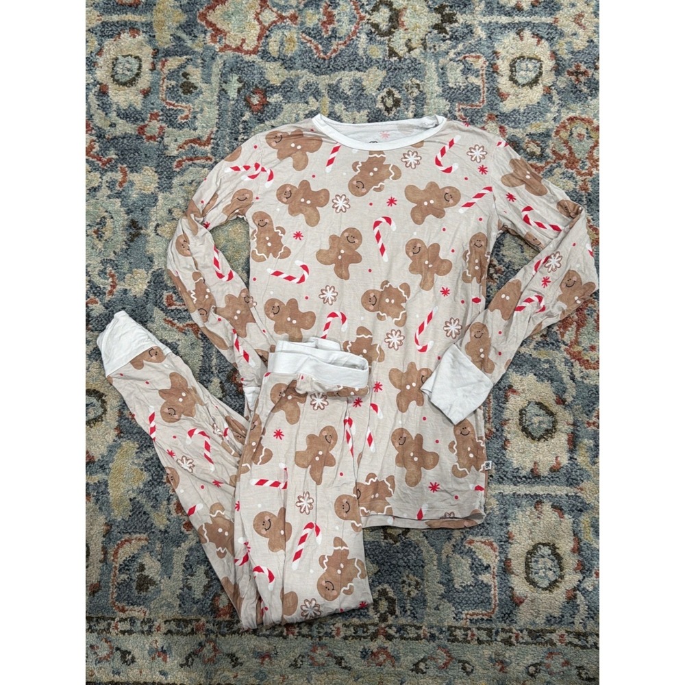 Bums & Roses Pajama Set Kids 9/10 Tan Gingerbread Bamboo Holiday EUC